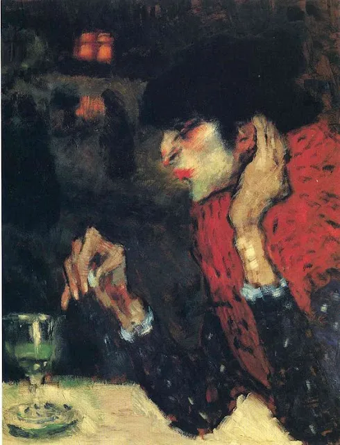Picasso’s The Absinthe Drinker (1901): a woman in a red shawl sits alone at a café table, chin resting on her hand, a glass of absinthe before her